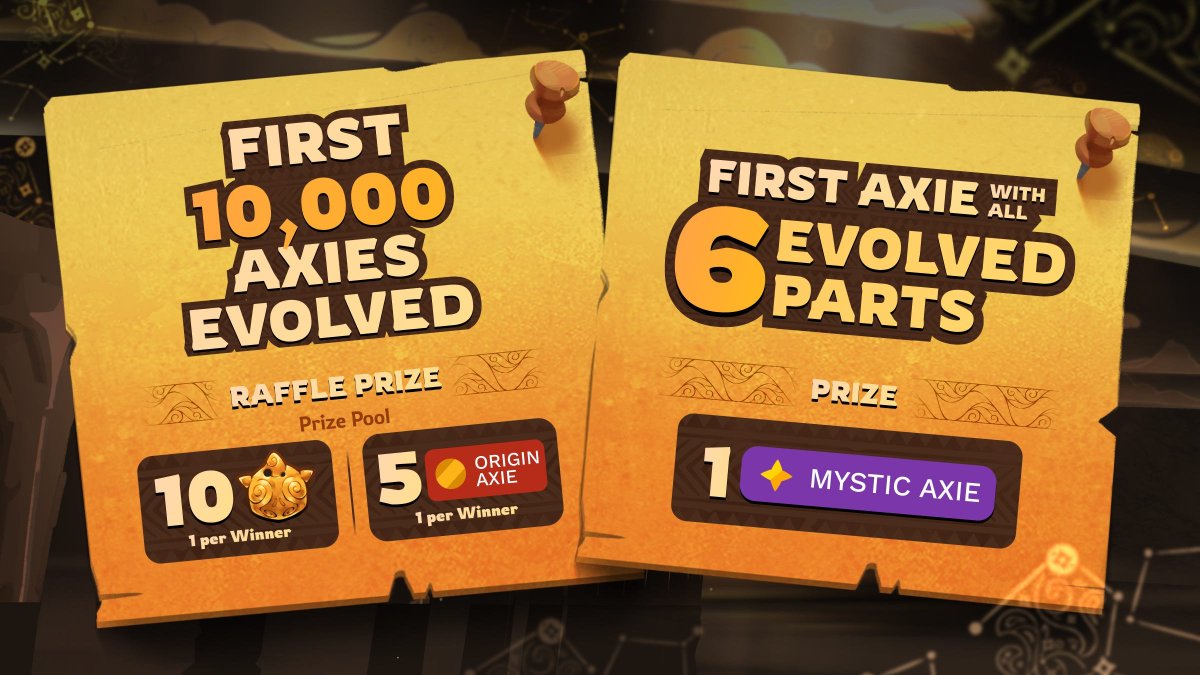 Be one of the first 10,000 to evolve a part and get a chance to win one of five Origin axies and one of ten Radian Spirit Shells 🎉

The owner of the first axie to evolve all six of its parts will win a Mystic axie 🤯