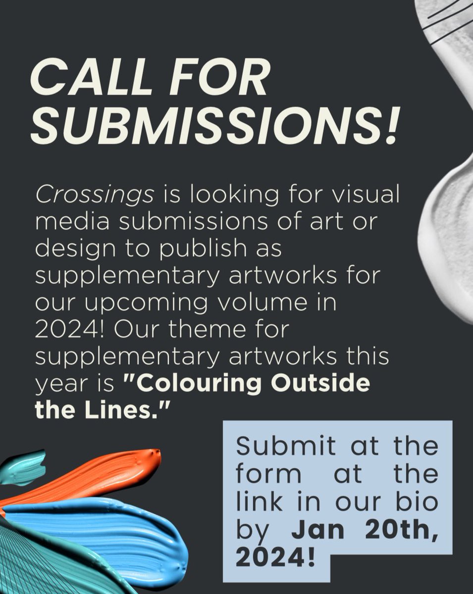 Crossings_uofa's tweet photo. Crossings is looking for supplementary artwork to be included in Vol. 4, coming 2024! The theme for supplementary artwork this year is “Colouring Outside the Lines.” For more details and to submit, check out https://t.co/rJCgzO9PTg https://t.co/jsqTKm4gDq