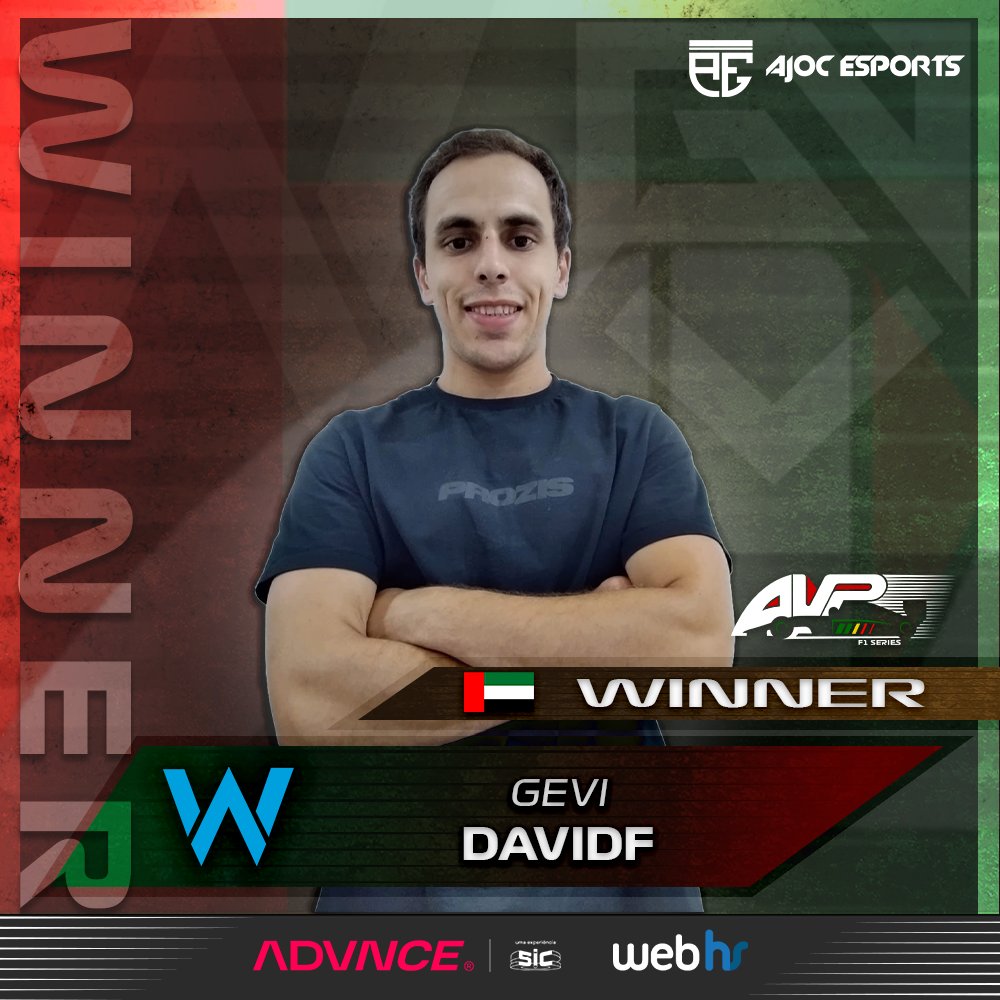 avpf1series's tweet photo. DavidF vence em Abu Dhabi! 👏
Vence a GeVi, com os 2 pilotos a garantirem a vitória juntos e com @ConesF1 a ceder a posição para o seu companheiro de equipa garantir a 2ª vitória no campeonato!🥇
#AVPF1Series #Formula1 #F1Esports #AdvnceSIC #Webhs #AJOC #Gaming #Twitch #Team https://t.co/ZUPTa4NV1v