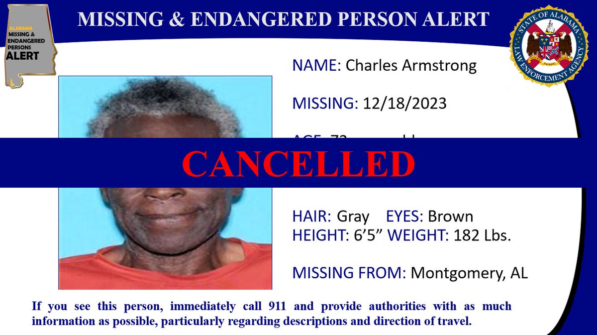 ALEA has cancelled a MISSING PERSON ALERT. Please Share.