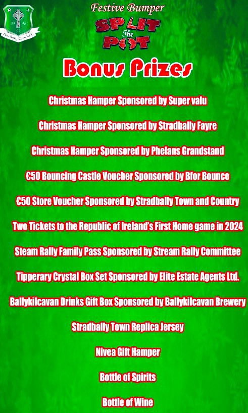 StradTown1996's tweet photo. €500 and loads of terrific Bonus Prizes up for Grabs this Sat night. Thanks to all local Businesses for they’re support in sponsoring the great prizes👏👏👏🎅🏼🎁🎉🕺🏻 https://t.co/QpM3dJ99iS