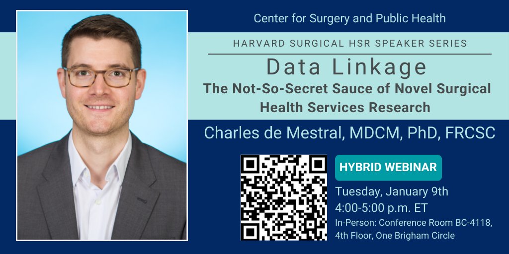 Join us Tuesday, Jan 9th for our next Harvard Surgical HSR Speaker @vasc_surg 'Data Linkage: The Not-So-Secret Sauce of Novel Surgical Health Services Research' Hybrid Webinar Register here: bit.ly/CdeMestral @BrighamSurgery @ma_hussainMD