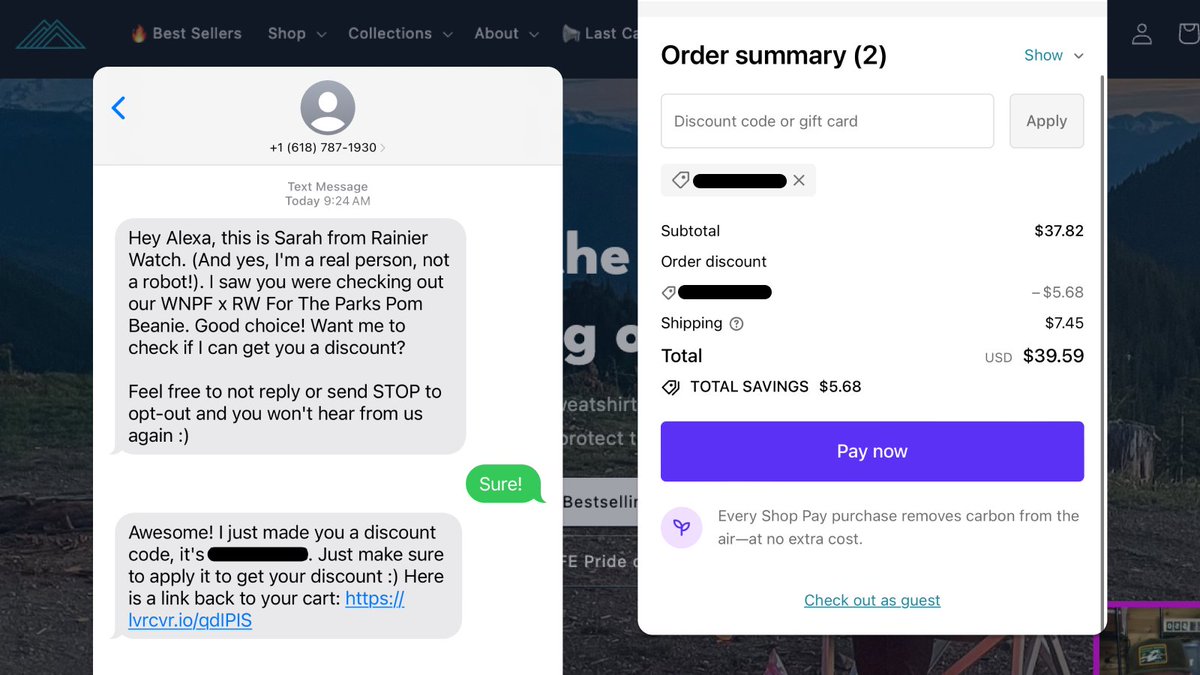 I am incredibly bullish on cart abandonment solutions like <a href="/LiveRecover/">LiveRecover</a>. Reasoning = this awesome customer experience I had with <a href="/MtRainierWatch/">Rainier Watch Supply Co 🏔</a> this morning. 

👉 Added a beanie to cart last night but got distracted (classic) and forgot to complete my Shop Pay checkout

👉 Got a