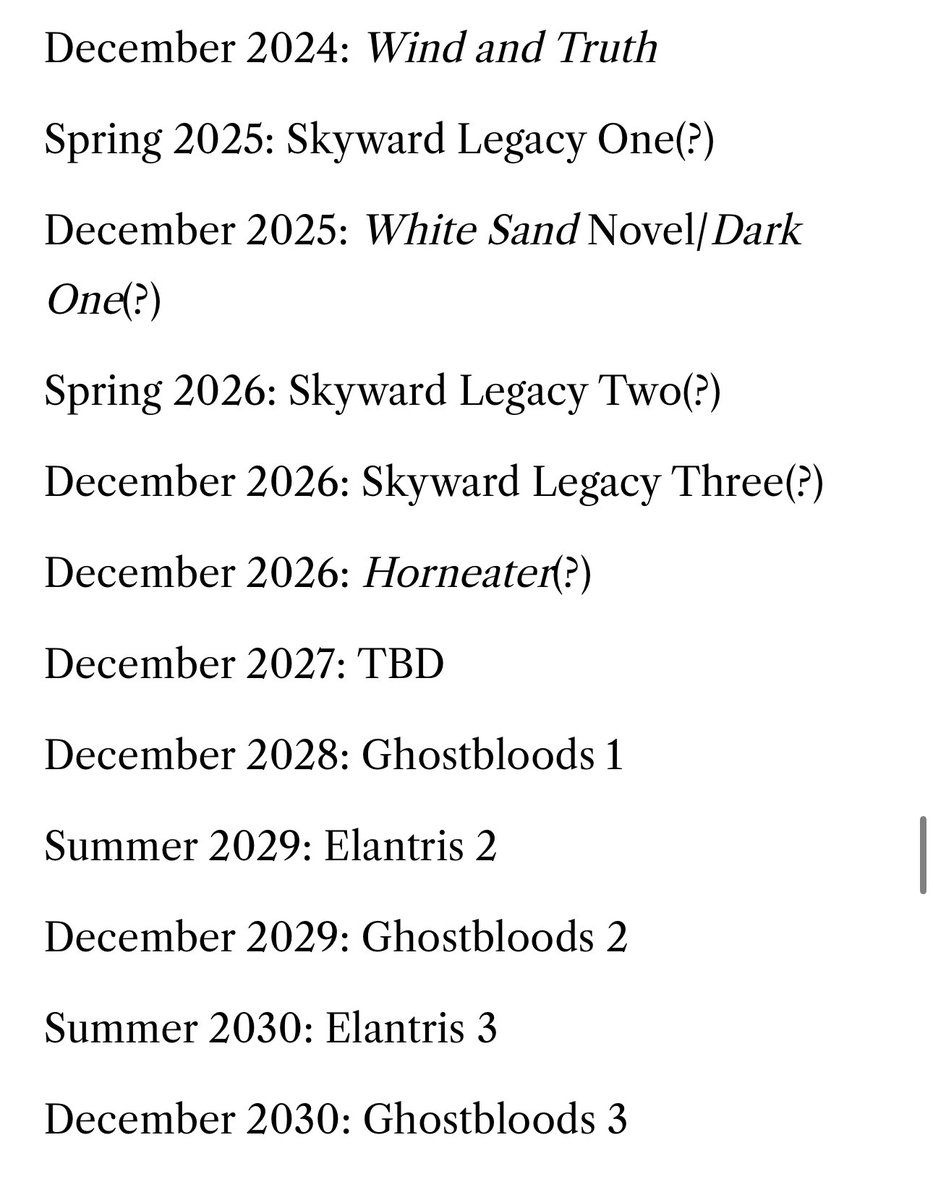 CosmereNetwork's tweet photo. Brandon Sanderson has revealed his projected release schedule up until Winter 2030, including new stories from The #StormlightArchive, #Mistborn, and #Elantris! https://t.co/RfEbeVAAaV