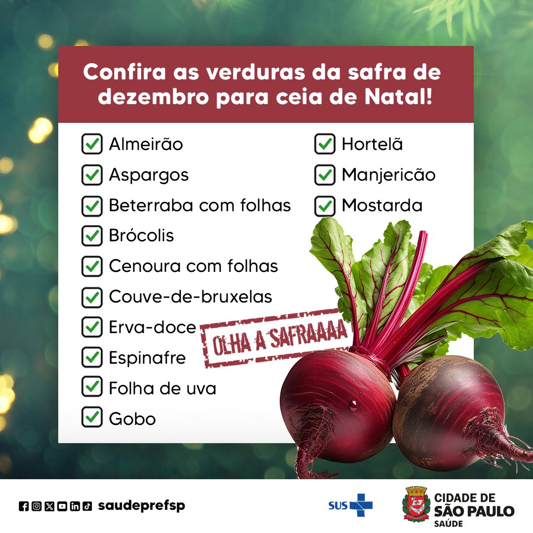 saudeprefsp's tweet image. 🎄 Já fez as compras para a ceia de Natal?

Uma alimentação balanceada inclui o consumo de verduras, frutas e legumes variados. Que tal aproveitar os alimentos da época para deixar sua ceia mais nutritiva e colorida?

#SaudePrefSP #Safra #Verduras #Alimentacao