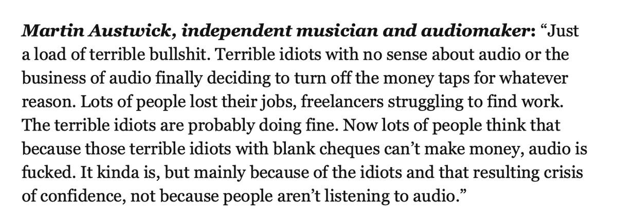 FionaSturges's tweet photo. Applause for @martinaustwick's pithy assessment of the podcast industry in 2023, and what happens next (via @nwquah's Vulture column). https://t.co/QO97fHkvhD