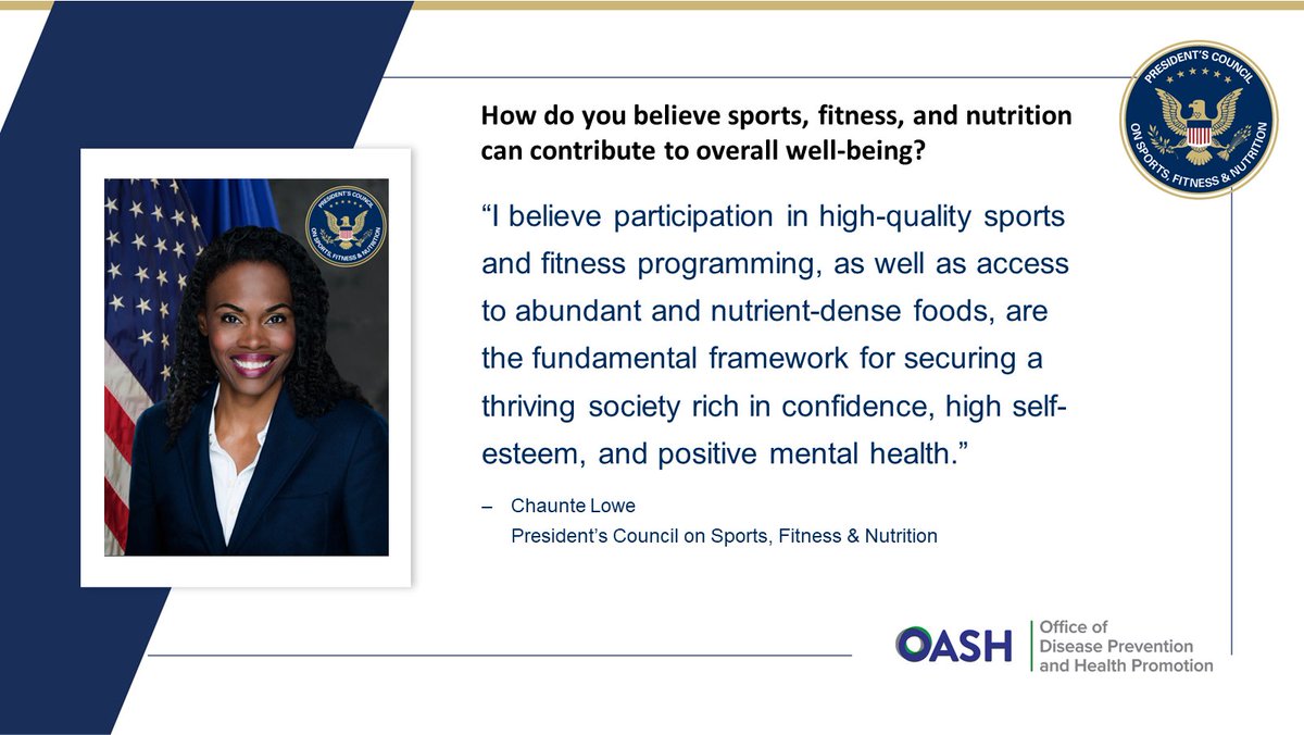 Meet the #PCSFN! We asked Council members like @chauntelowe for their thoughts on sports, fitness, and nutrition. See how they responded and learn more about the President’s Council here: health.gov/pcsfn