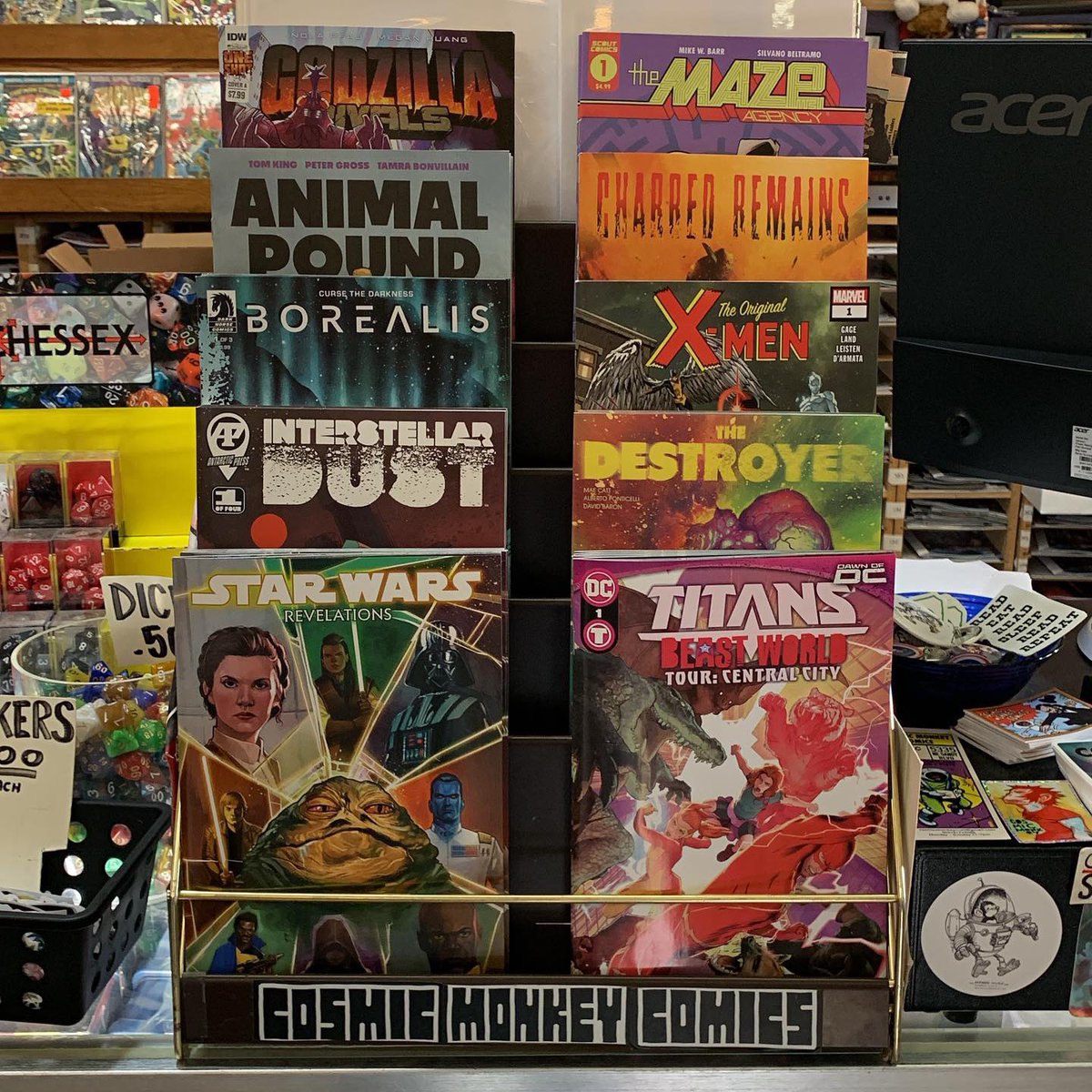 Here’s what we have featured this week! #starwarsrevelations #titansbeastworldtourcentralcity #interstellardust #thedestroyer #borealis #theoriginalxmen #animalpound #charredremains #godzillarivalsjetjaguarvsmegalon #themazeagency #ncbd #comics #cosmicmonkeycomics