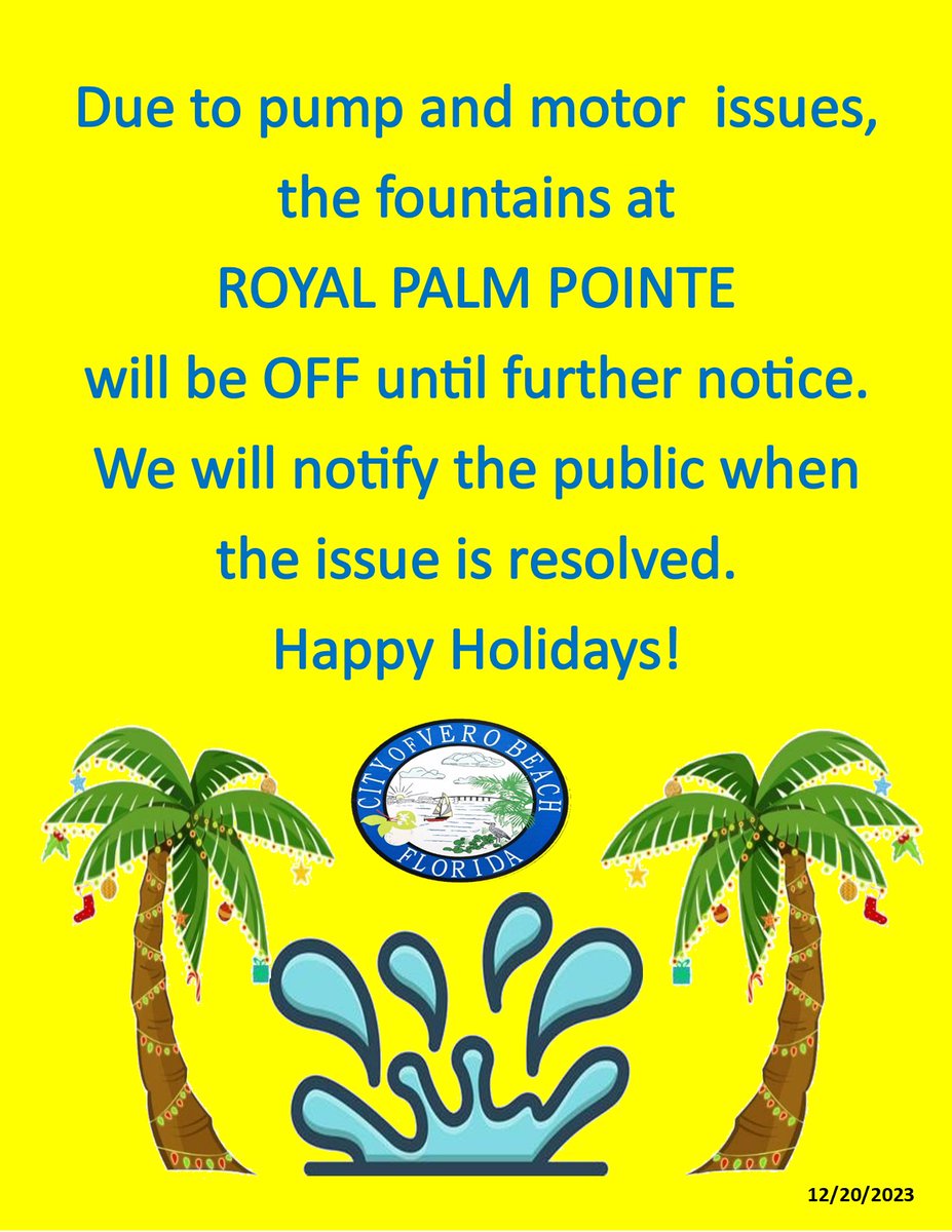 COVBRecDept's tweet image. Staff have already identified the problem and ordered the necessary parts so that the fountains can run again very soon! We will keep everyone updated! #covbrecreationdepartment #royalpalmpointefountains #interactivefountain #verobeach #treasurecoast