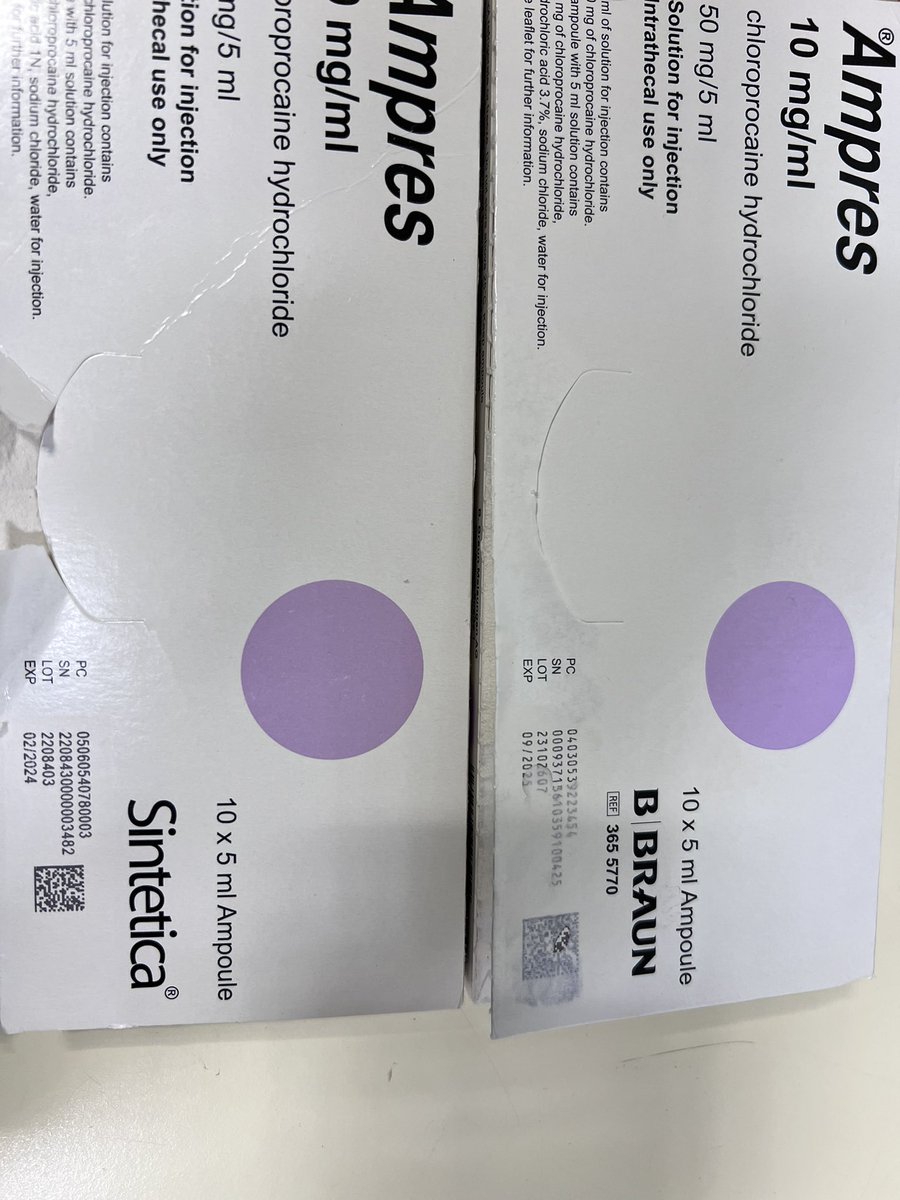 For those concerned about the Spinal Prlocaine shortage… the reason is a delay in the MHRA process for BBraun taking over the label from Sintetica (see photos). It is now available (as is Chloroprocaine) from the distributors (Mawdsleys)