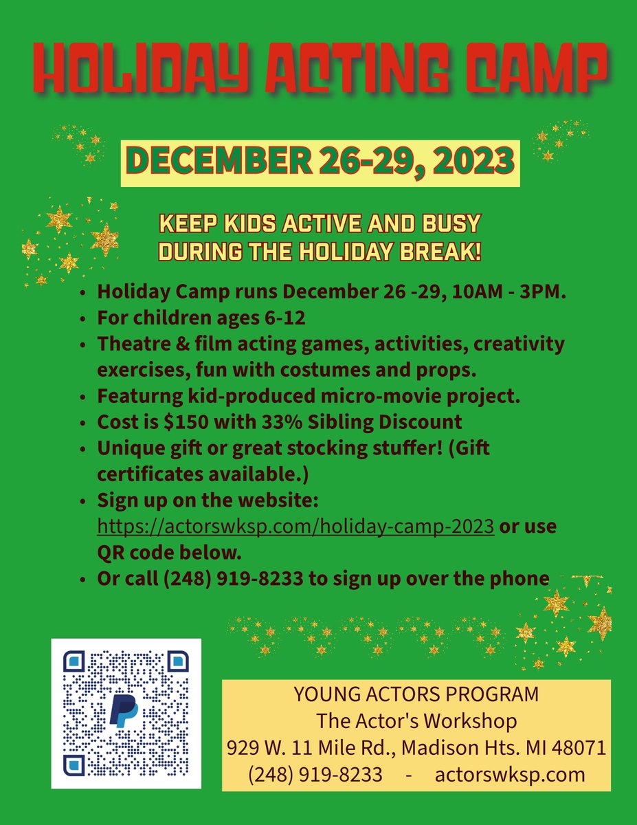 Looking for a gift for a child? Get a gift certificate for our Holiday Acting Camp! Four days of fun, storytelling, theatre games & film acting exercises. Features a kid-produced micro-movie project. For children ages 6-12 in the metro Detroit area.  #uniquegifts #kidsgifts