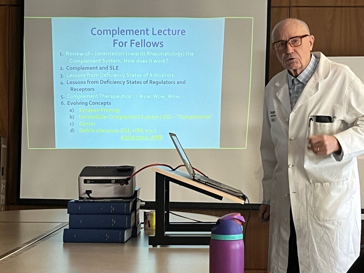The Complement King (Dr. John Atkinson) giving his annual lecture to our Rheumatology Fellows. Full of history and funny anecdotes, we’re so lucky to have him in our division! 

#ComplementSystem #Rheumatology

@WUSTL_Rheum @WUDeptMedicine