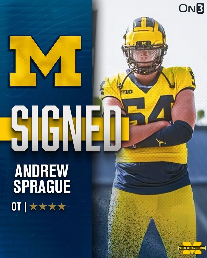 A DUDE IN THE TRENCHES! Four-star OT Andrew Sprague (<a href="/andrewsprague15/">Andrew Sprague</a>) signs with Michigan #GoBlue 

NSD updates: on3.com/teams/michigan…