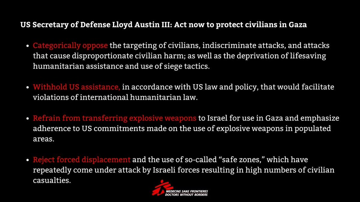 Open letter to Secretary Austin: Act now to protect civilians in Gaza Today we joined @CivCenter @hrw @amnestyusa and other orgs in calling on @SecDef Lloyd J. Austin III to take urgent steps to ensure the protection of civilians in US-supported Israeli military operations in…