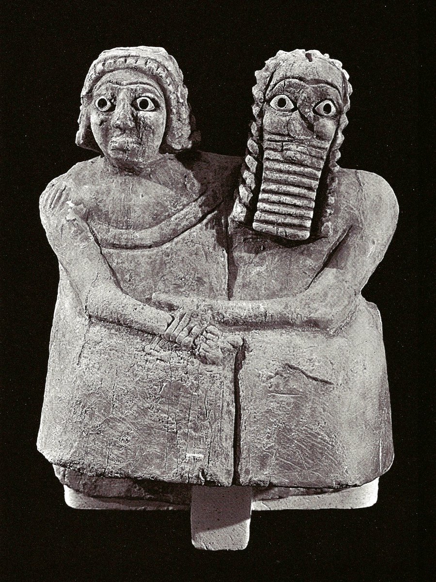 A devotional statue (a married couple ?) dating to 2600 BC.Found place: Nippur in Iraq. Dimensions: 3.5 inches. Medium: Gypsum (alabaster), resin, shell rock inlays. Now on display at the The Iraq Museum, Baghdad.