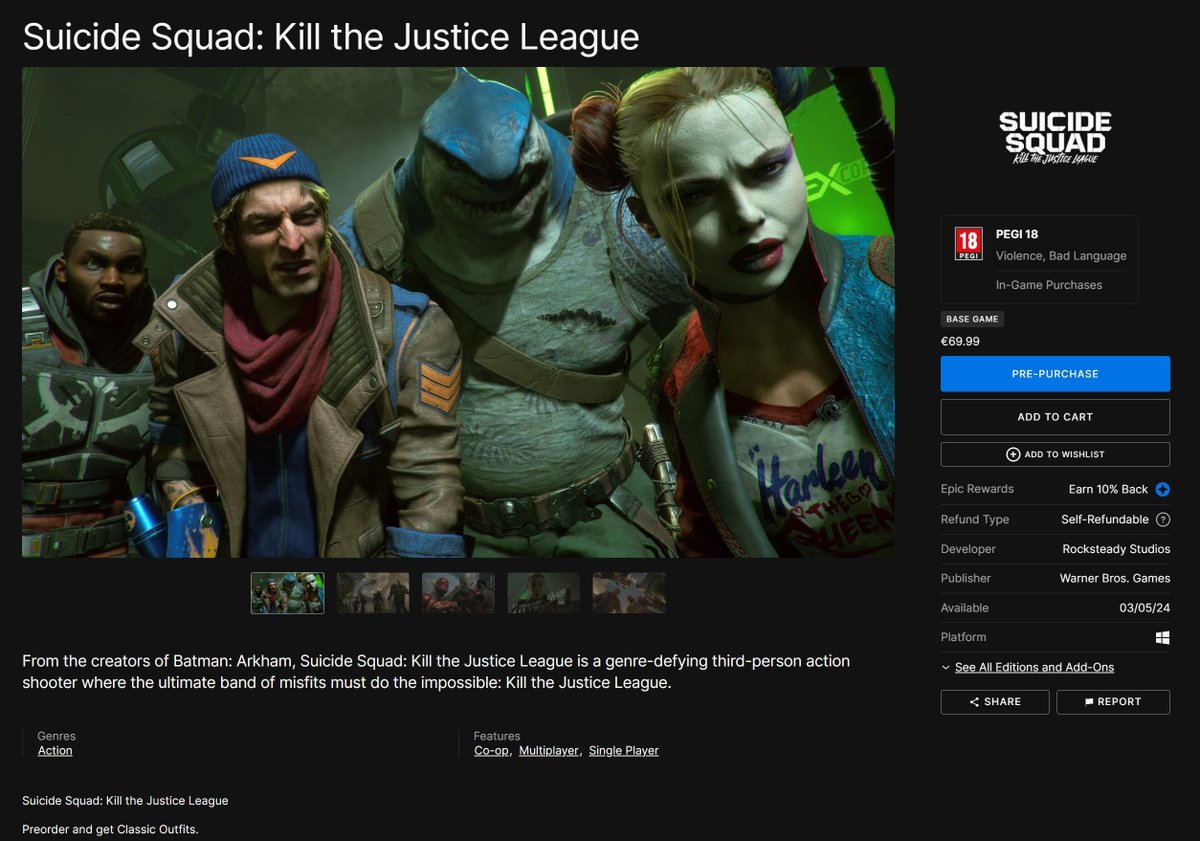 Suicide Squad: Kill the Justice League yine ertelenmiş olabilir! 🔸Epic Games Store'da oyunun tarihi 5 Mart 2024'e çekildi. 🔸Steam, PS ve Xbox'daysa tarih hala 2 Şubat olarak gözükmekte. 🔸Oyun, Türkiye'de PC tarafında hiçbir mağazada yok, konsol içinse ön satış bulunmamakta.