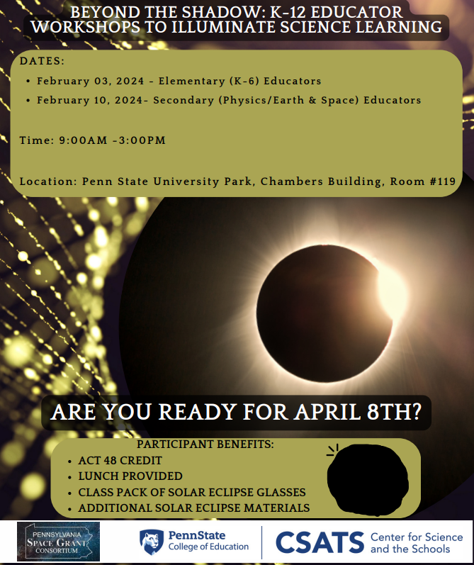 #SolarEclipse2024 #k12 educators in Pa! Join our 1day workshop partnering with the Pa Space Grant Consortium. Get ready for the April 8th Solar Eclipse with engaging activities, impactful physics insights, and safe viewing options. 🌞🔭 Info &amp; register> bit.ly/3K0DwJl