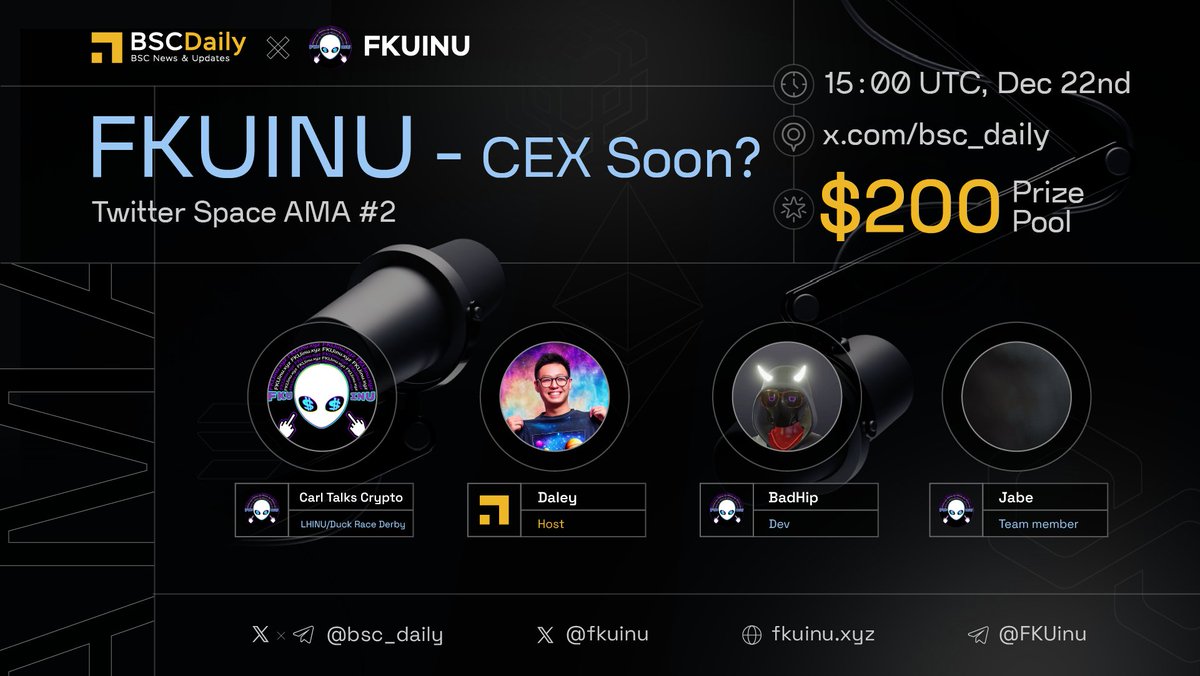 We're excited host a Twitter Space #AMA with @fkuinu - CEX Listings soon? 📍 Venue: twitter.com/i/spaces/1OyKA… 🗓️ Date: Dec 22nd, 3PM UTC 💰$200 #Giveaways ⬇️ 1️⃣ Join FKUINU's socials 2️⃣ Ask questions! 3️⃣ Like & RT #Sponsored