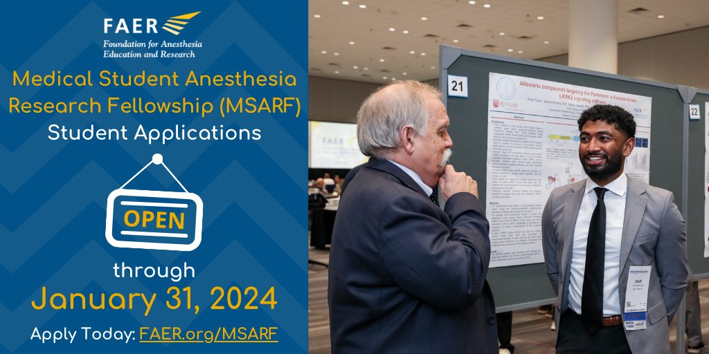 Are you #MedStudent interested in #anesthesia #research? FAER has a great opportunity for you - #FAERmsarf applications are open at FAER.org/MSARF through 1/31/24! This 8 week summer program is a wonderful way to immerse yourself in the field, guided by a dedicated…