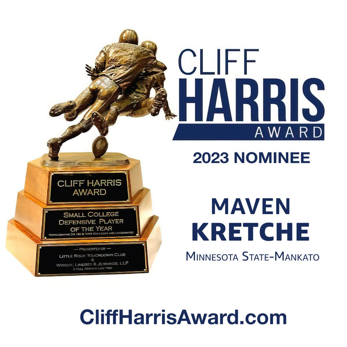 Congratulations to Maven Kretche a Junior from Minnesota State-Mankato on your nomination for the Division II 2023 Cliff Harris Award! @MinnStFootball @MNSUMankato @MavenKretche