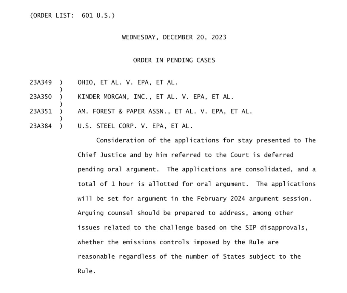 Welp, the Supreme Court will hear challenges to the EPA’s “good neighbor” plan, which limits states’ ozone pollution. Another opportunity to take a bite out of the Clean Air Act.