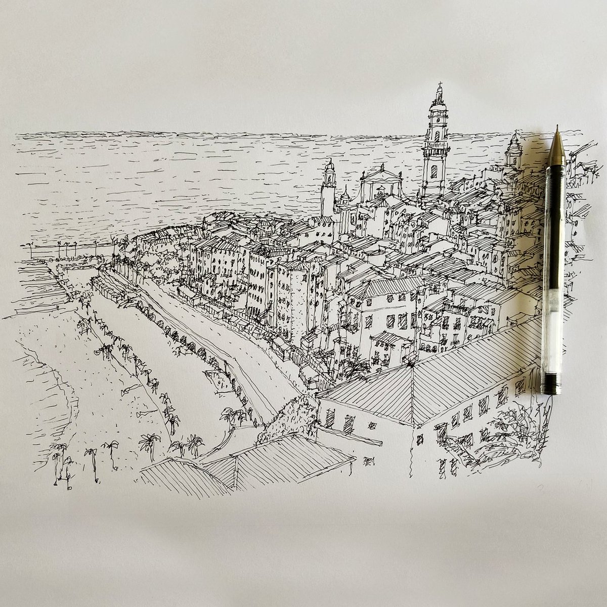 Menton panoramic view. At the bottom level, the Plage des Sablettes, all the way up to the Saint-Michel Archange Basilica. #PlagedesSablettes #Menton #MentonFrance #CoteDAzur #France #InkDrawing #SketchDaily #Sketch #Drawing #Pendrawing #Drawingoftheday #Sketchoftheday