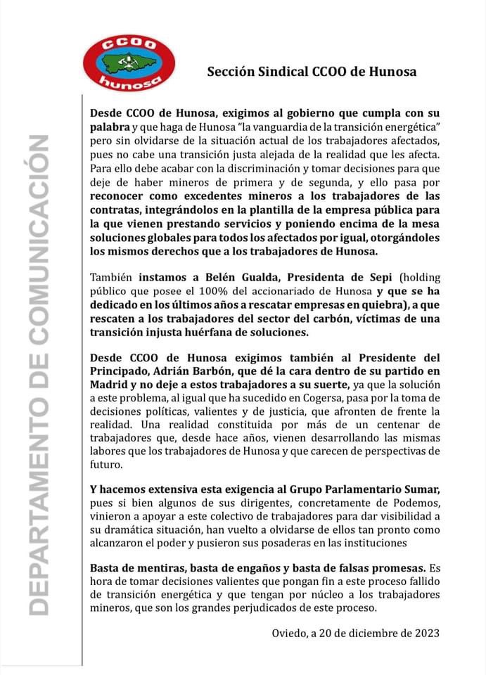<a href="/CcooHunosa/">CCOO Hunosa - Minería</a> y  <a href="/CCOOIndusAstur/"> 🅲🅲🅾🅾🅸🅽🅳🆄🆂🆃🆁🅸🅰 🅰🆂🆃🆄🆁🅸🅴🆂</a> aplaudimos la decisión de <a href="/cogersaasturias/">Cogersa</a> de incorporar a un centenar de trabajadores/as de una subcontrata.
Y exigimos a Hunosa que incorpore a los 180
trabajadores subcontratados que se dedican a la actividad principal de la
empresa.
