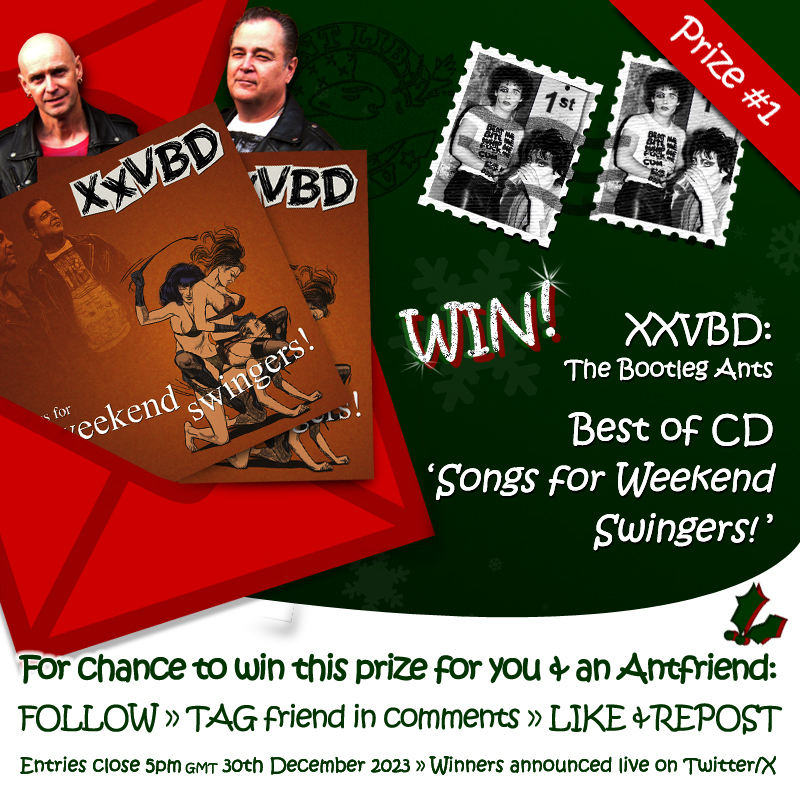 🎁 XMAS GIVEAWAY - PRIZE #1 🎄

We are giving TWO lucky Antpeople the chance to WIN 'Songs for Weekend Swingers' The Best of XXVBD Bootleg Ants!

For chance to win:
🧑‍🎄 FOLLOW @antpeople 
🧑‍🎄 LIKE this post
🧑‍🎄TAG an Antchum to win w/you
🧑‍🎄 RT/REPOST

Ends 5pm Sat 30/12 - good luck!