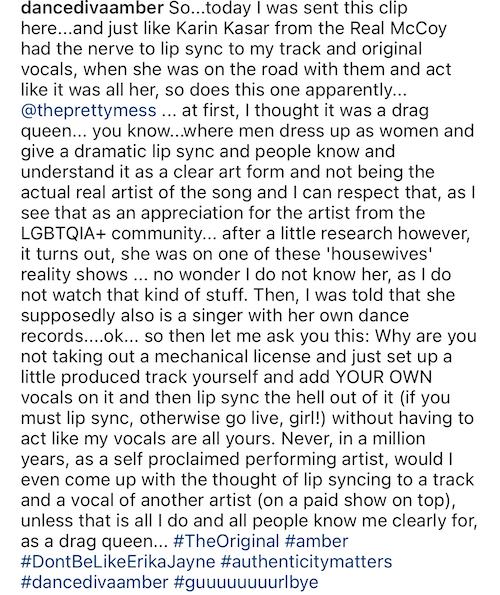 BrightlyAgain's tweet photo. Erika Jayne is Called Out by 90s Singer Amber for Lip Syncing to Her Song 'This is Your Night,' See the Video as RHOBH Star is Compared to a "Drag Queen" &amp; Accused of Faking Her Voice #RHOBH #ErikaJayne #ErikaGirardi #Amber #ThisisYourNight https://t.co/Flw0cyXzni #RealityBlurb https://t.co/R3db5gp3mV