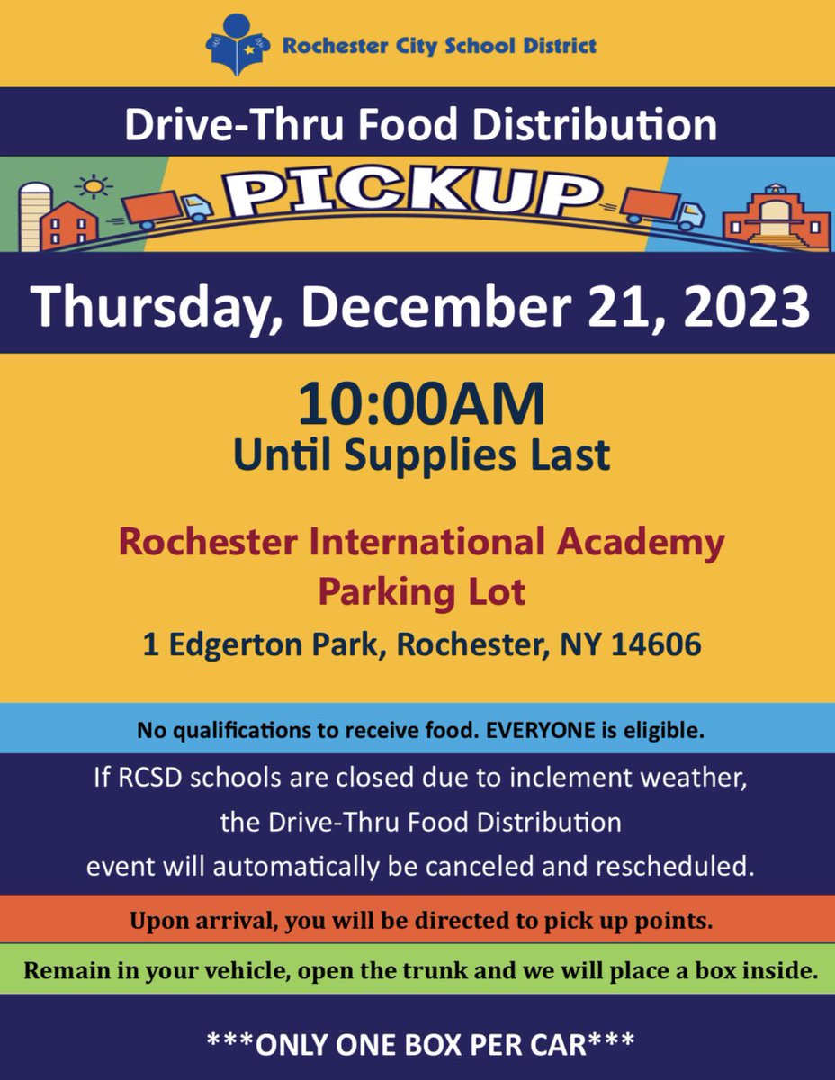 Please visit the food distribution site at 1 Edgerton Park tomorrow, December 21st at 10:00 AM if you are in need! #communitygiving #rcsdnys