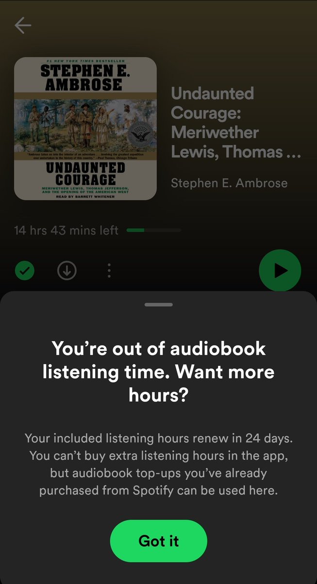 XSinclair's tweet image. Spotify giving 25 hours a month is not enough. Now I have to switch over to public domain works until this resets