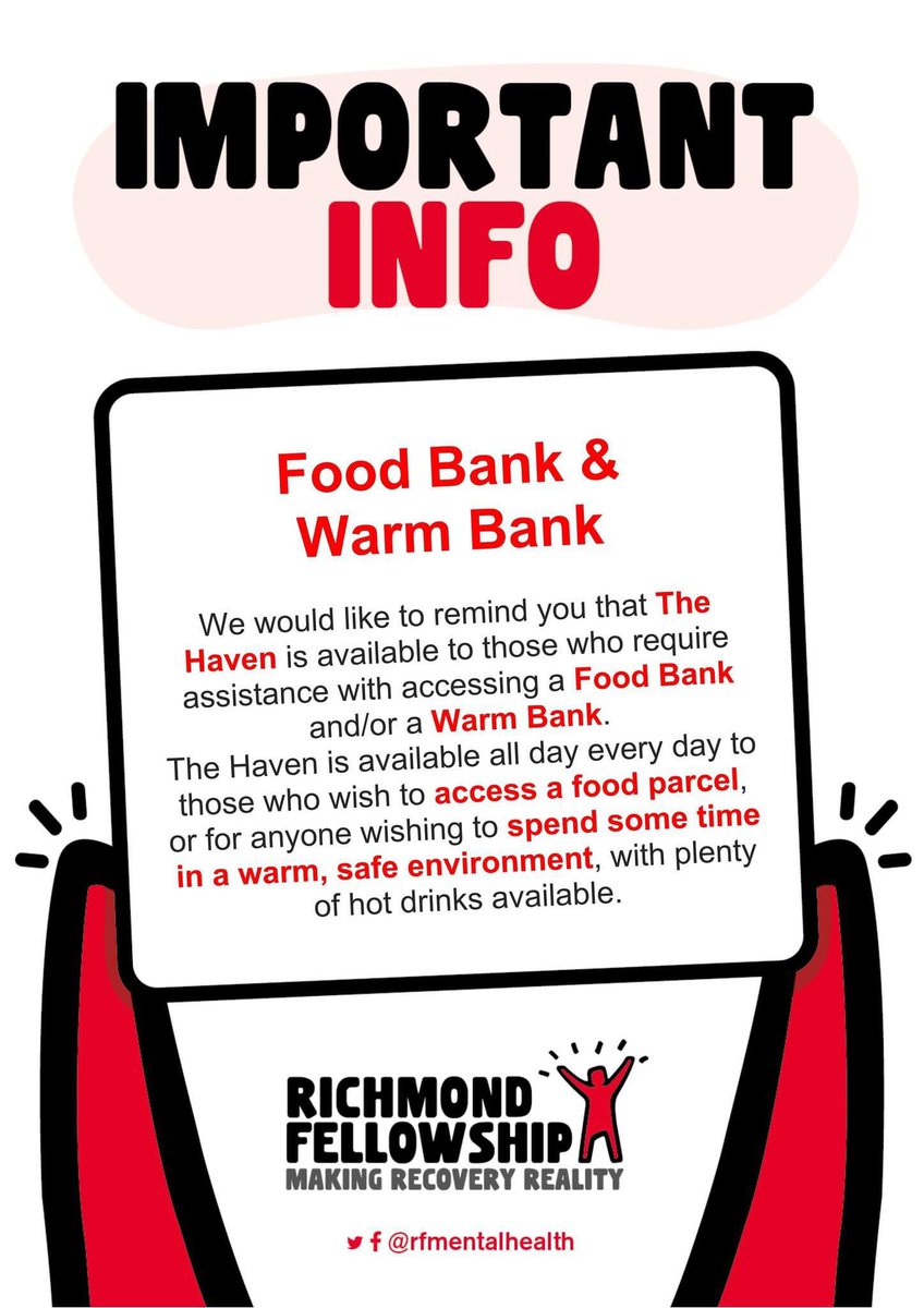 Preston Menโs Mental Health Network (@men_preston) on Twitter photo โผ important info โผ
The Haven is available for those wishing to access our Warm Bank, our social groups, and the food bank.
Monday-Friday 9am to 9pm
Weekends & Bank Holidays 10am-9pm
For more information
centrallancashirehaven@richmondfellowship.org.uk
03300083672 โผ important info โผ
The Haven is available for those wishing to access our Warm Bank, our social groups, and the food bank.
Monday-Friday 9am to 9pm
Weekends & Bank Holidays 10am-9pm
For more information
centrallancashirehaven@richmondfellowship.org.uk
03300083672
