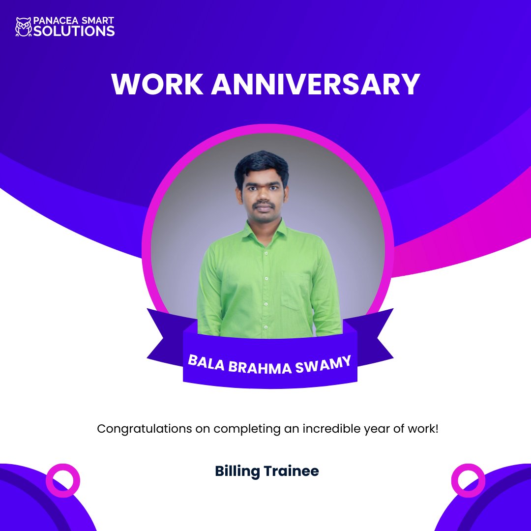 Happy 1st Work Anniversary to Bala Brahma Swamy Reddy! 🎉🌟

Best wishes for continued success in your journey—here's to another year of learning and achievements! 💼

#futureendeavors #workanniversary #billingexpertise #teampanacea #milestonecelebration #panaceasmartsolutions