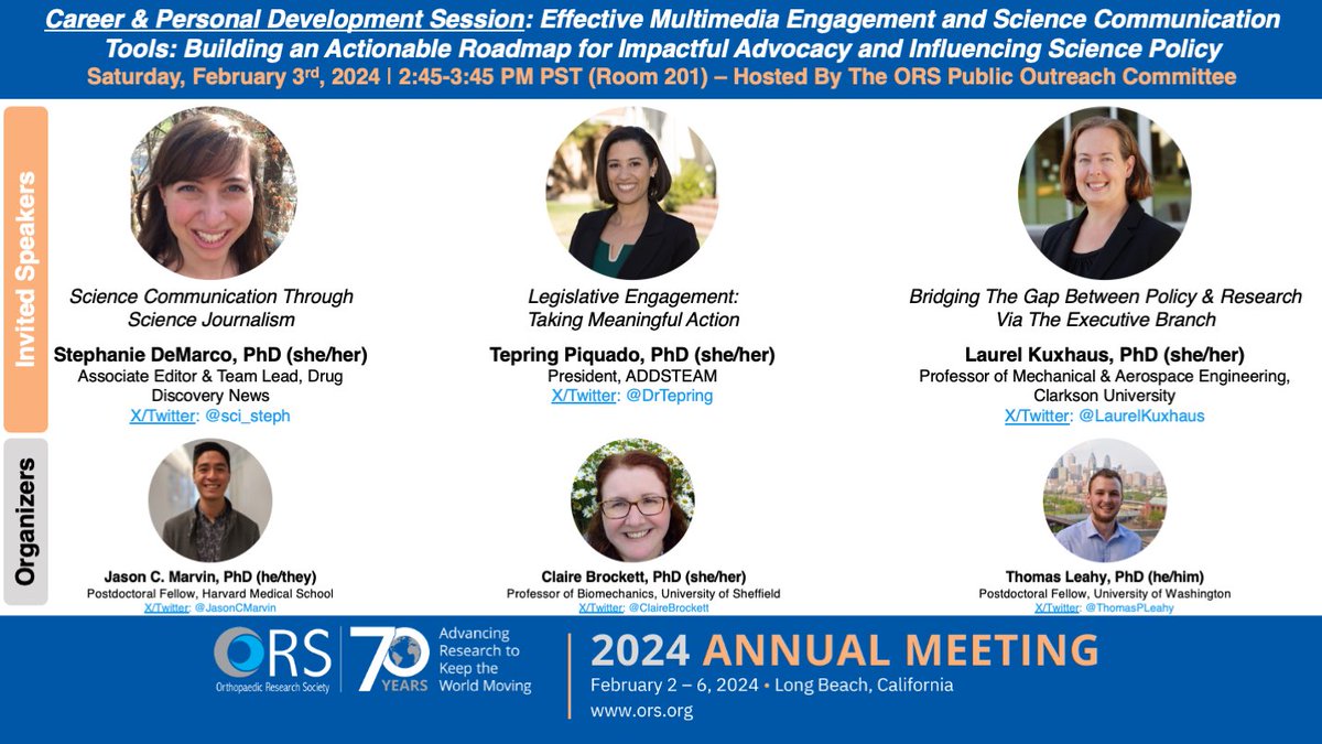 Hey, #ORS2024 attendees!  

Save the date and UPDATED time &amp; location for the Public Outreach Committee's session on #SciComm, advocacy, and policy this Sat, Feb. 3rd, 2024 🤩 

We have a lineup of speakers spanning journalism, nonprofit, government, and academic perspectives 👇