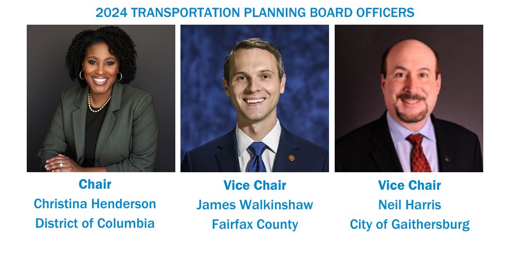 District of Columbia Councilmember Christina Henderson will serve as 2024 TPB Chair. Fairfax County Supervisor James Walkinshaw and City of Gaithersburg Councilmember Neil Harris will serve as Vice Chairs. bit.ly/4awk7y6