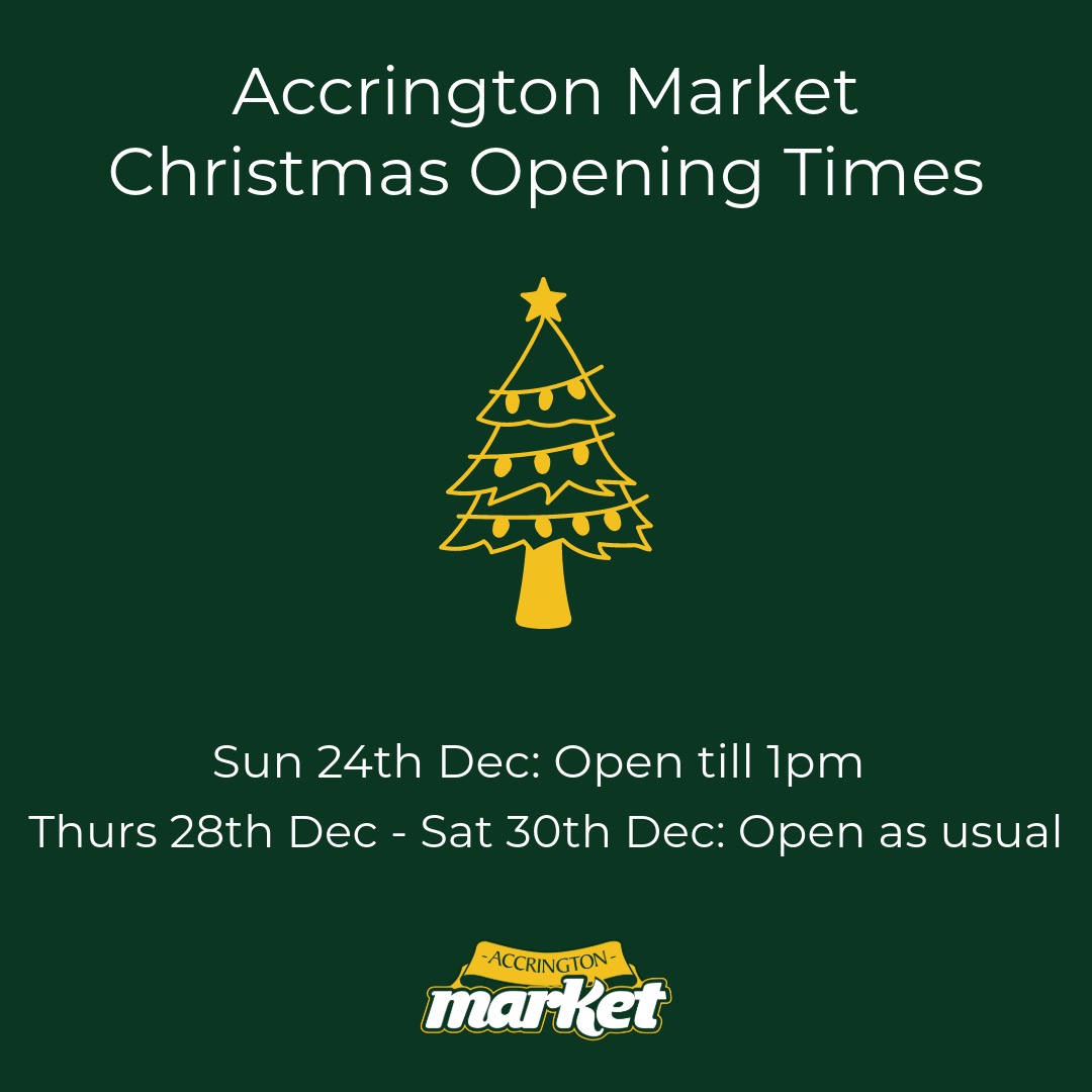 🛍️Indoor Market Winter Hours

💚 Shop local with our independent small businesses at #AccringtonMarket

Please note that we are CLOSED:

✨ Mon 25th Dec (Christmas Day)
✨Tues 26th Dec (Boxing Day)
✨Wed 27th Dec
✨Sun 31st Dec (New Year's Eve)
✨Mon 1st Jan 2024 (New Year's Day)