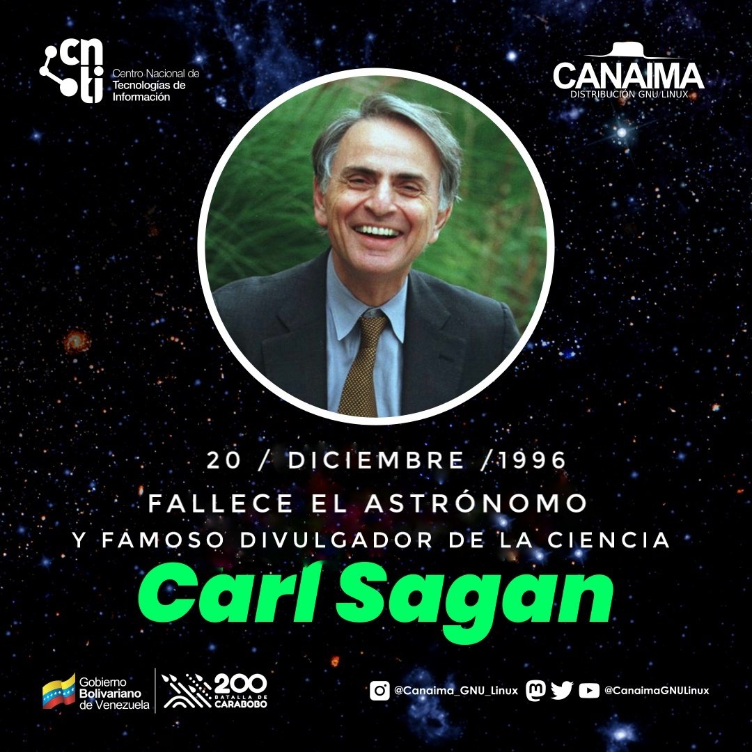 #UnDiaComoHoy hace 27 años falleció el divulgador científico, astrónomo y escritor Carl Sagan Narrador y coautor de la serie documental de TV Cosmos. En sus palabras: «La imaginación frecuentemente nos llevará a mundos que jamás fueron. Pero sin ella, no iremos a ningún lado».