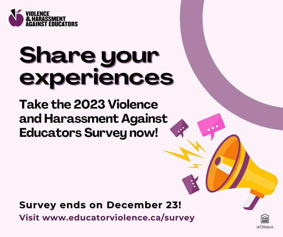 Educators and education workers - don't miss out! The National Educator Violence Survey closes this Saturday, Dec. 23. To share your experience in an anonymous way, please go to educatorviolence.ca/survey. #onted #educhat