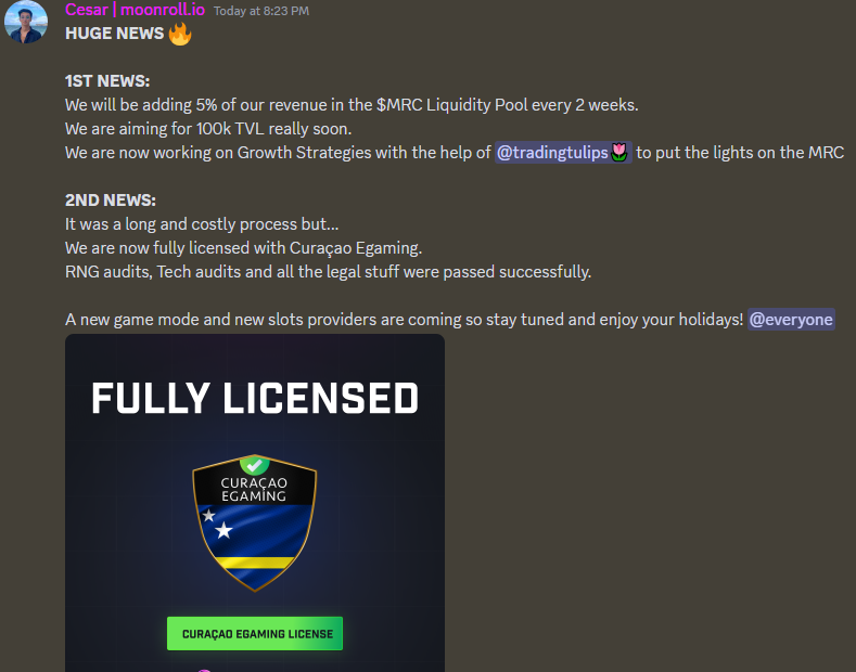 From today 5% of all platform revenue will be used to bootstrap liquidity for $MRC  until a healthy rate for growth past 1M MarketCap+ is reached.

<a href="/moonroll/">Moon Roll</a> has also been officially licensed, and has passed all RNG &amp; Tech audits.  All self-funded from the protocol Treasury.