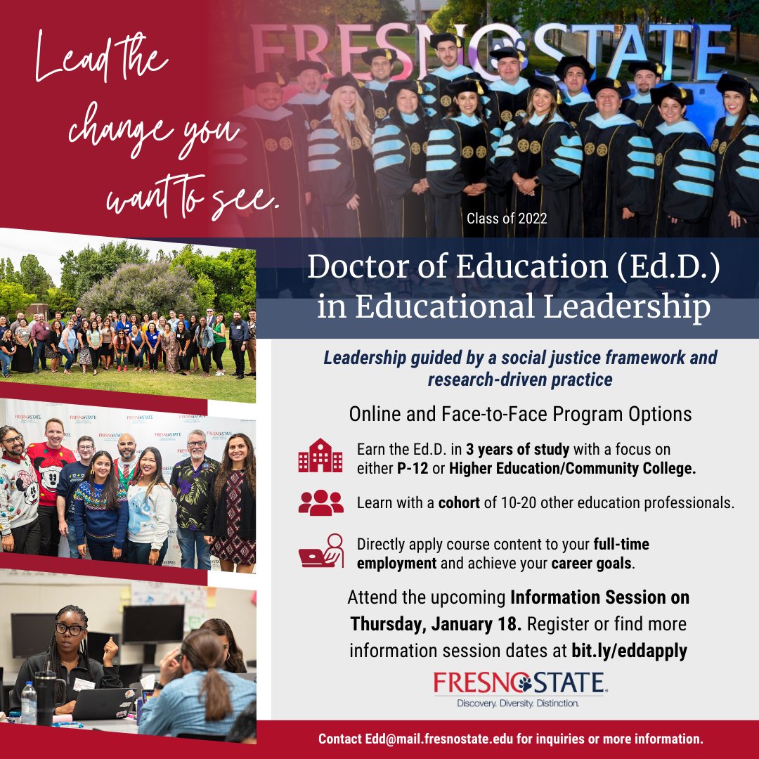 Interested in our Ed.D Program? Join our info session on  01/18! Register to attend @ bit.ly/eddapply ✔ We'll go over program and application requirements for both online and face-to-face cohorts! 
#EdDFresnoState #DoctoralStudent #DoctorofEducation #EdLeadership