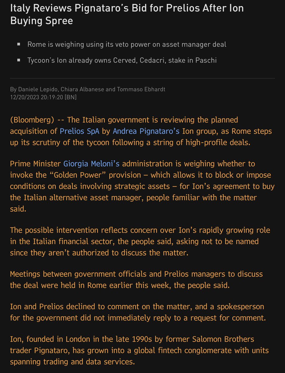 Esclusiva Bloomberg: il governo italiano sta valutando se esercitare il golden power nell’operazione Prelios, un processo che rientra in una maggiore attenzione delle attivitá dell’imprenditore Andrea Pignataro in Italia. Tutto qui 👇🏻
