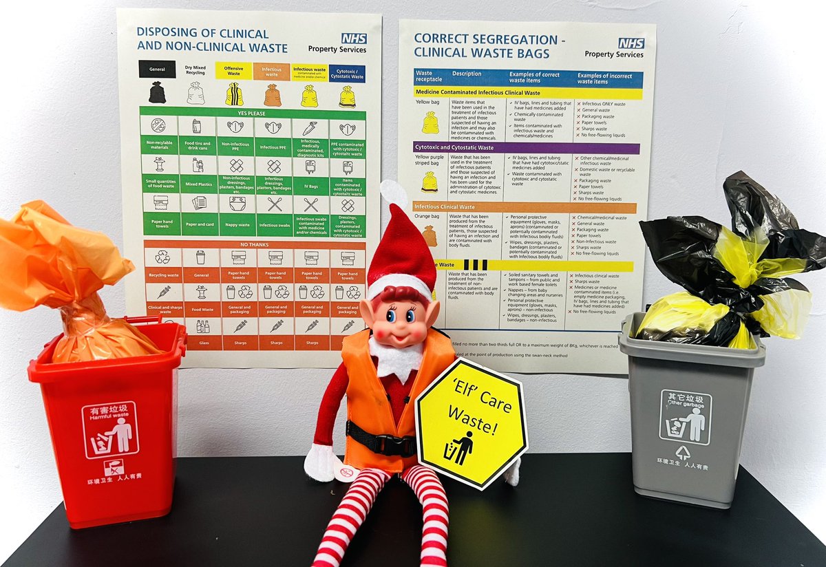 Day 20! Eric has been reviewing the ‘elf care’ waste in his high vis. Remember to put waste into the correct stream. Orange= infectious waste e.g. dressings or pads Yellow stripe or tiger 🐯 = offensive waste but not infectious e.g. dressings or pads Domestic= normal waste