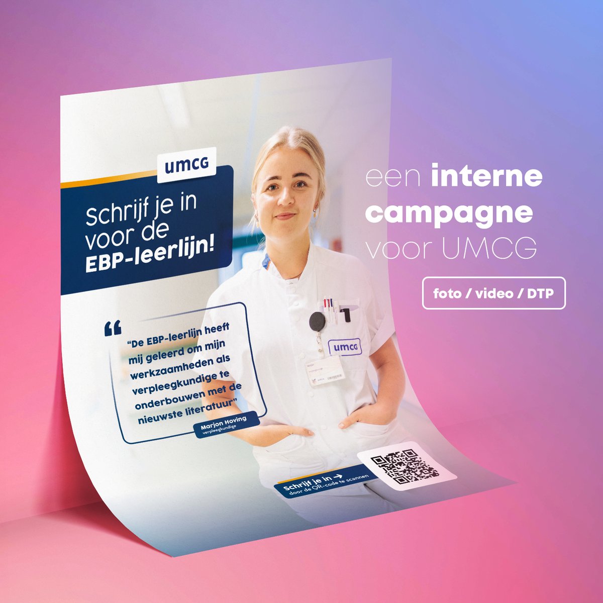 studiovijftien's tweet photo. We maakten voor @umcg  aan een interne campagne om de EBP-leerlijn onder de aandacht te brengen. Marjon (verpleegkundige) speelde de hoofdrol in onze uitingen; video-testimonial, verschillende DTP-uitingen én social content! Natuurtalent, niet? 🌟 #studio15 https://t.co/Skr3zWYzAw