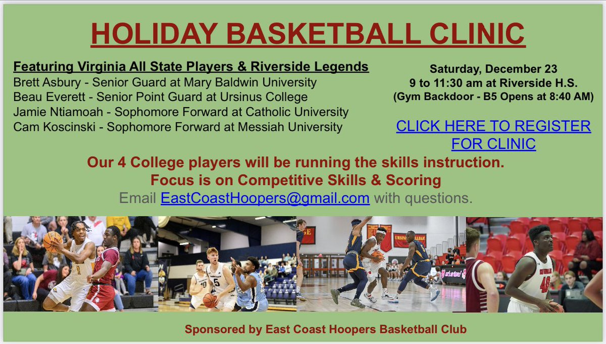 Holiday Skills Clinic - Holiday Basketball Clinic Presented by East Coast Hoopers
Gr 5-9 Boys
$55 
Clinic Focus: Competitive Skills &amp; Scoring Moves- Saturday, 12/23! REGISTER HERE: docs.google.com/presentation/d…