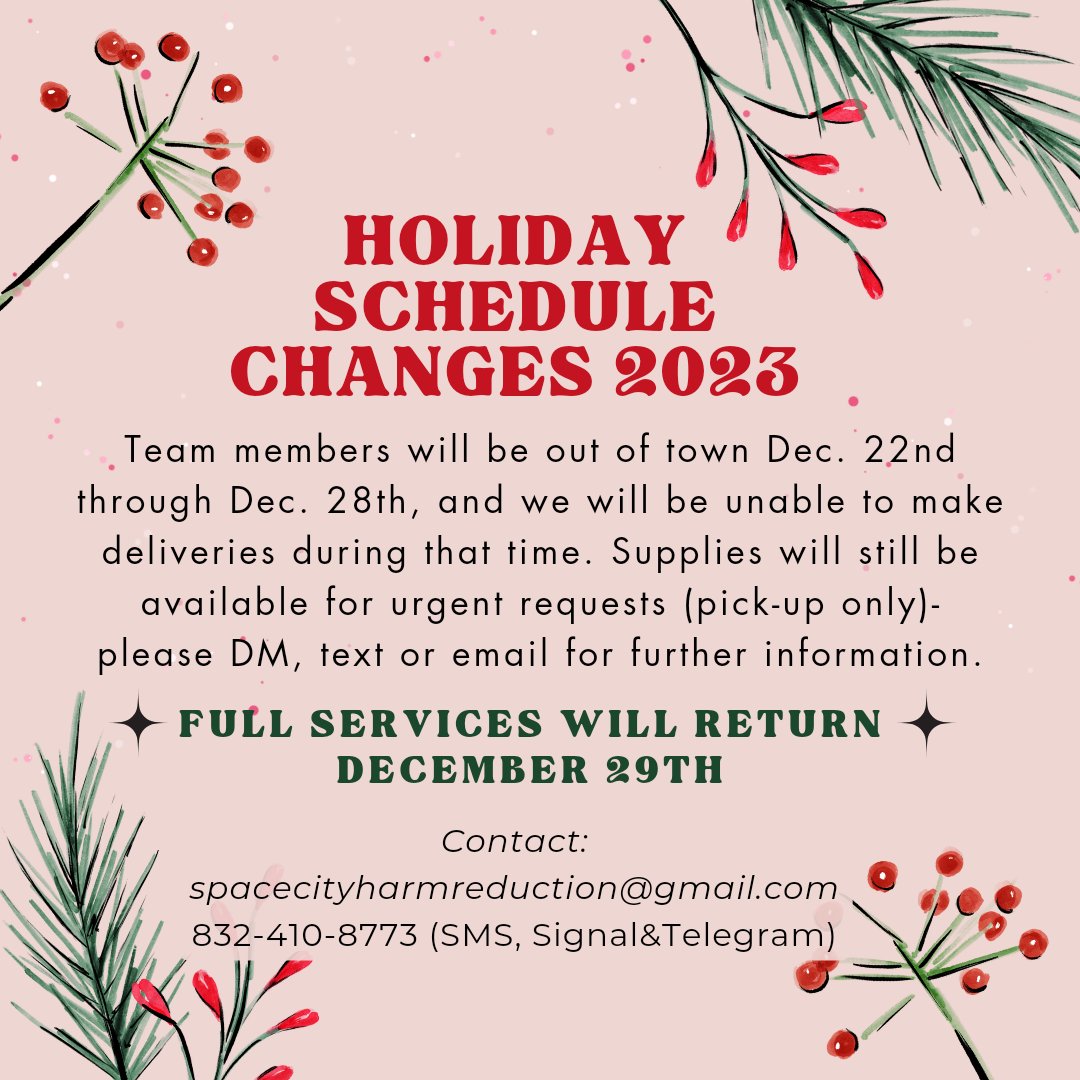 Hi, Houston! Unfortunately, we will have reduced availability from 12/22-12/28, but we will still be available for questions, calls, and pick-up requests! Happy Holidays, Merry Christmas, &amp; we will see you before the New Year!