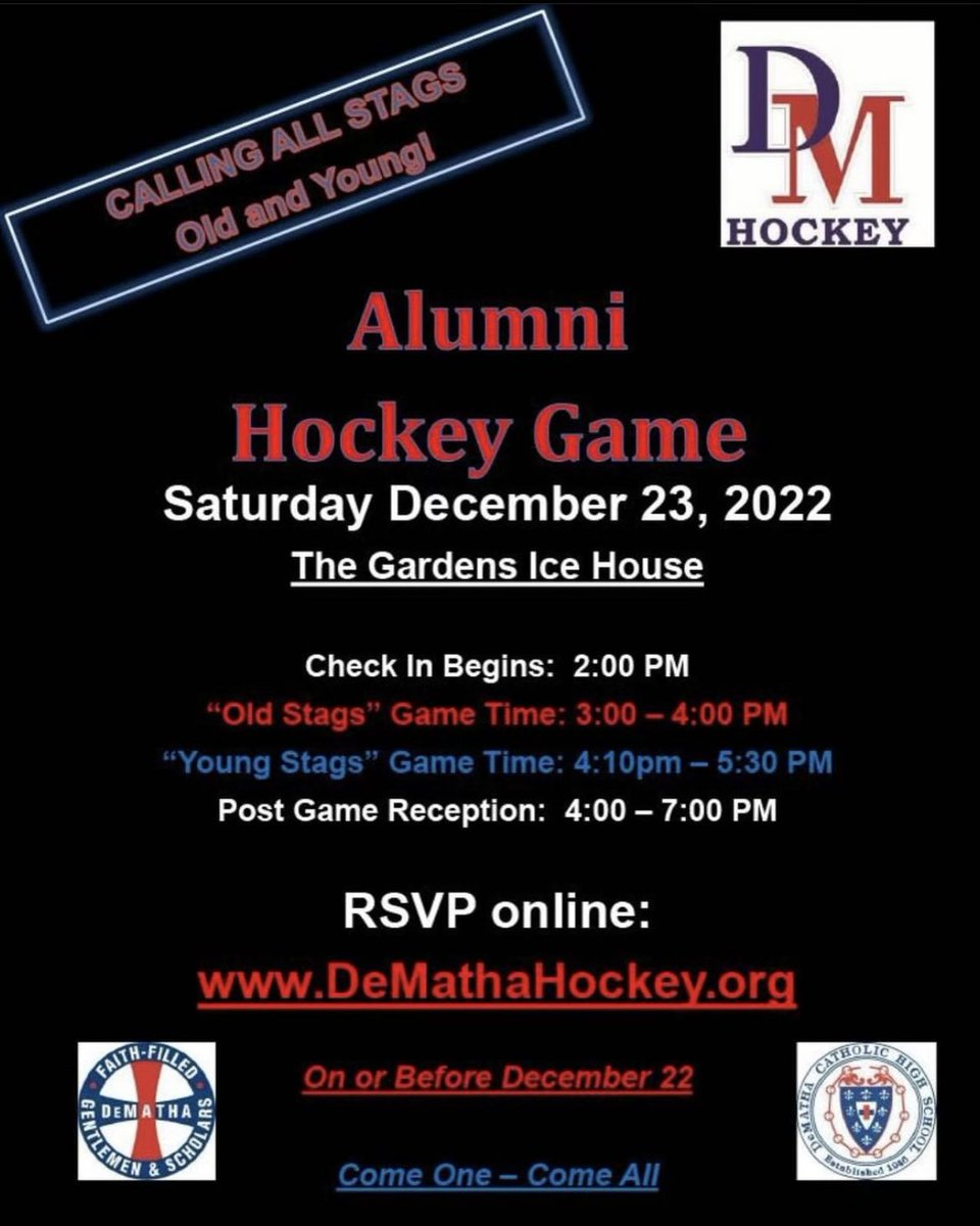 Only 3 more “Sleeps” until the DeMatha Hockey Alumni Game on Saturday!  Don’t forget to RSVP!
Go Stags!