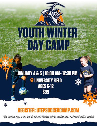 📣 Calling all Mini Miners! 

Don’t miss out on our Winter Day Camp! ❄️

Register today: utepsoccercamp.com