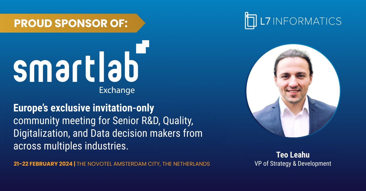 L7informatics's tweet image. Thrilled to announce our sponsorship of the upcoming @SLExchange!

Join us as Teo Leahu takes the stage alongside industry leaders from @Novartis and @Henkel on a panel addressing the challenges of modern data management within LIMS systems.

#SmartLabEU #Digitalization