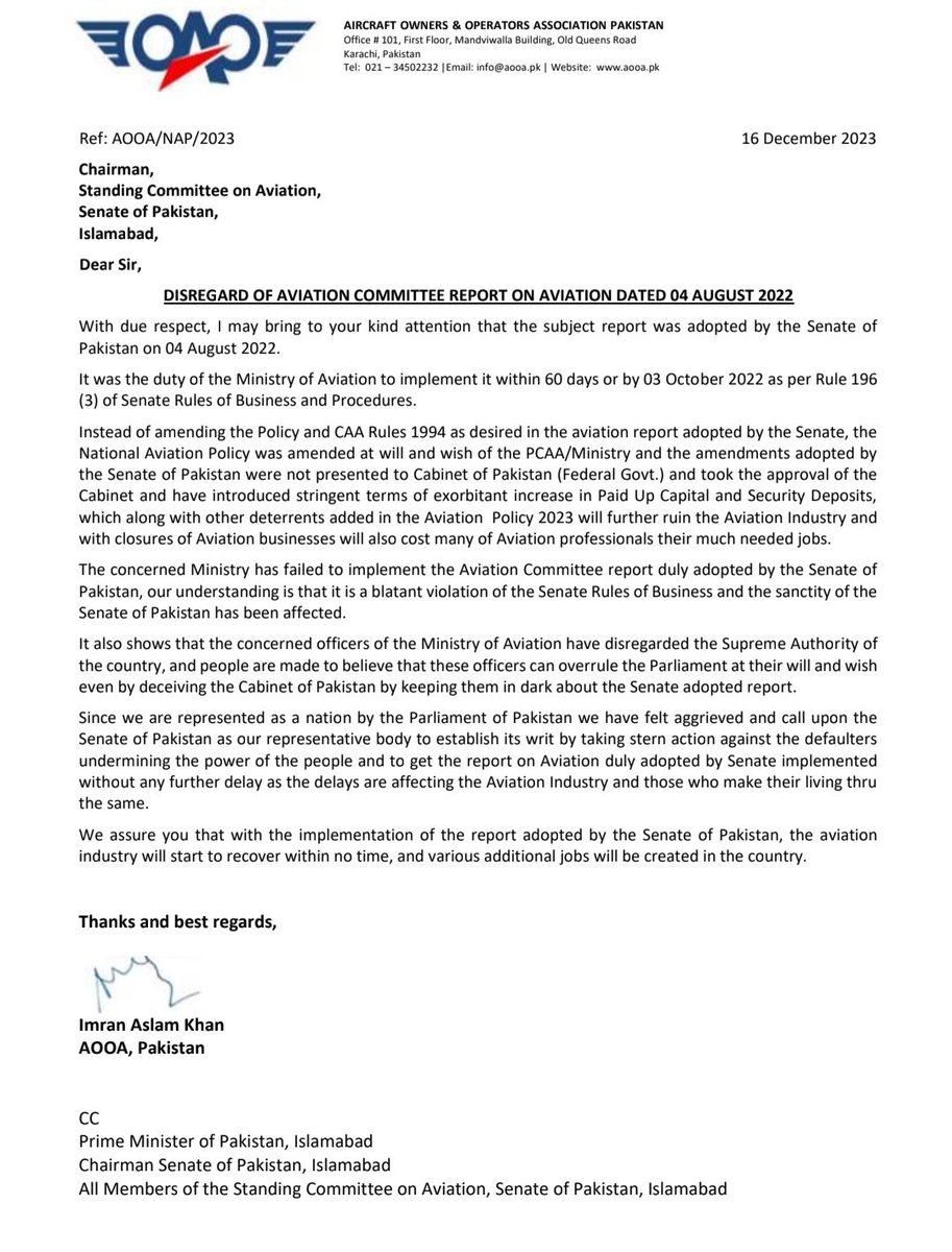 AOOA_Pakistan's tweet image. #AOOA Letter to @SenatePakistan  to secure it&apos;s writ and sanctity.
#PCAA @official_pcaa @AviMinistryPK
@avpak3 @PKAviationUrdu @PKAviationUrdu
#aviation #Pilot #pilotlife #Pakistan @OfficeSenate @SenatePress