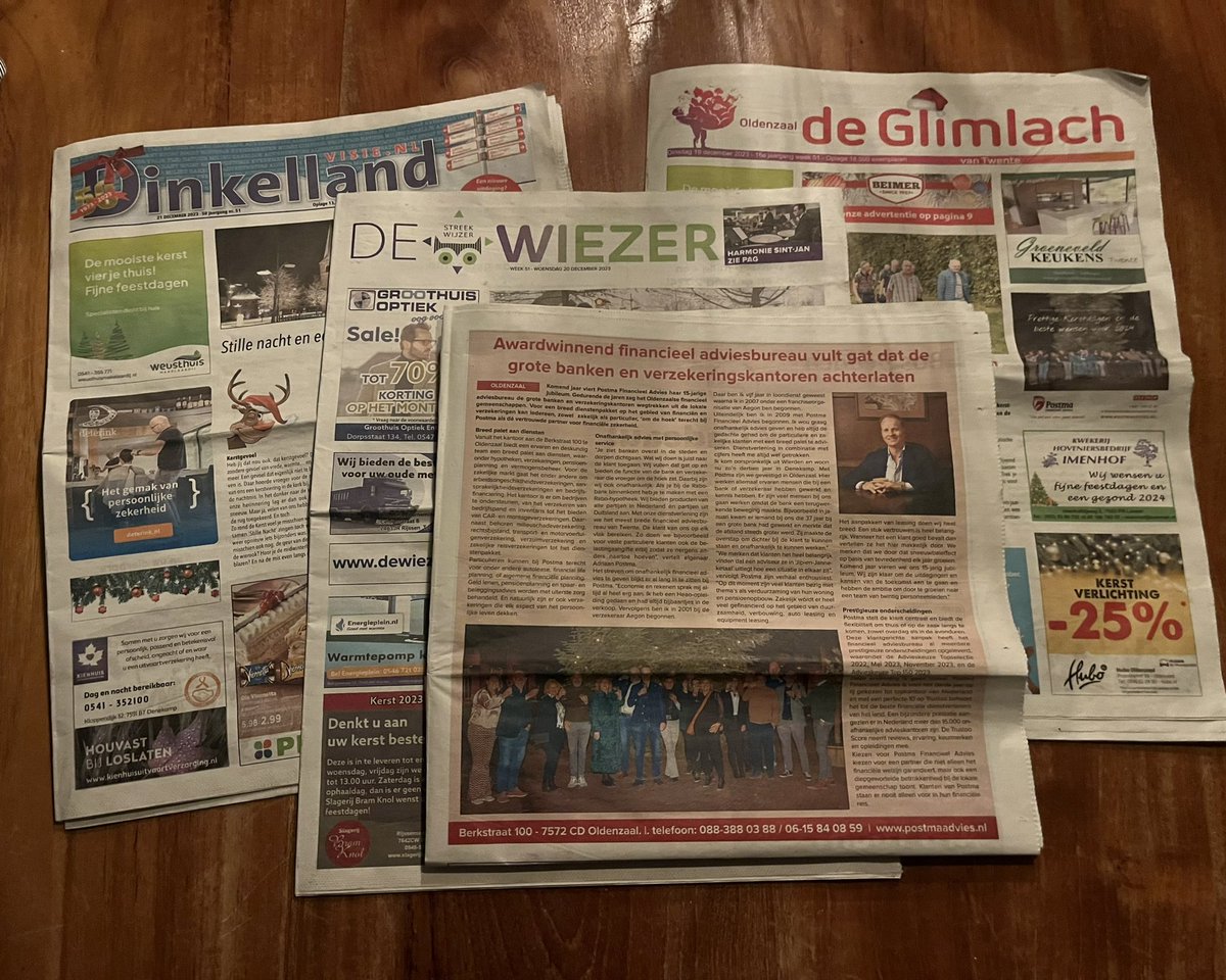 Blij met het artikel over ons Postma Financieel Advies BV  in de Dinkelland Visie , De Glimlach van Twente  en de Wiezer! 

Namens ons allemaal hele fijne feestdagen en een gezond 2024! 🤶🎅🎄 

#PostmaFinancieelAdvies #DinkellandVisie #GlimlachVanTwente
#DeWiezer